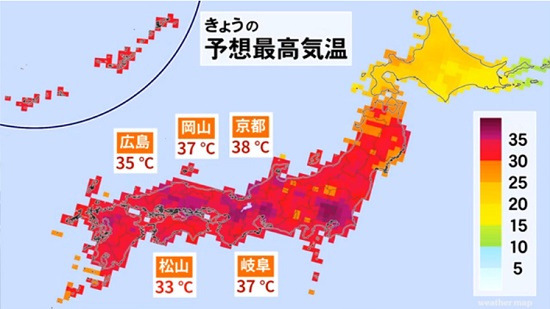 関西では今日も各地で35℃を越える猛暑日となるよう