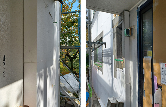 RC外断熱改修　既存外壁の上にアクリル樹脂系モルタル接着材を塗布、断熱材（ビーズ法ポリスチレンフォーム）100㎜を貼りつけ