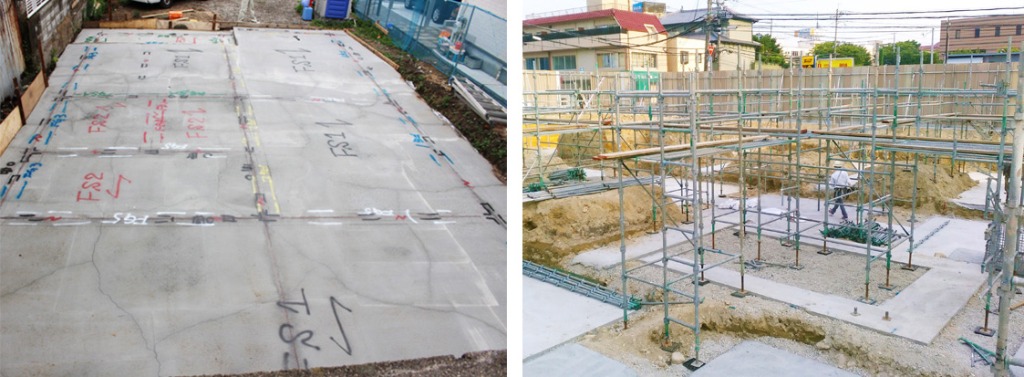 左）捨てコンクリート墨出しイメージ　右）布基礎の捨てコンクリートイメージ